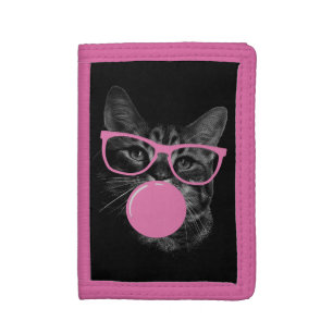 Cool Cat with Pink Glasses & Bubble Gum Tri-fold Wallet