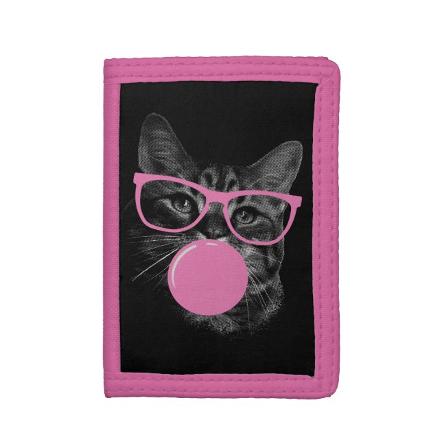 Cool Cat with Pink Glasses & Bubble Gum  Trifold Wallet (Front Vertical)