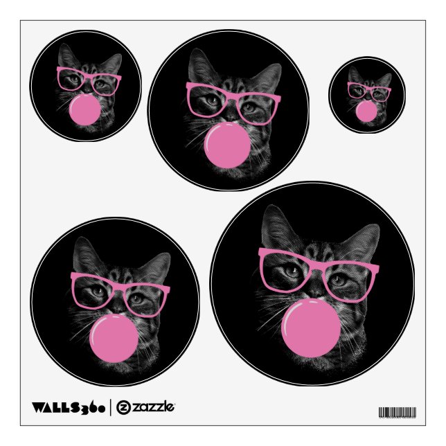 Cool Cat with Pink Glasses & Bubble Gum  Wall Decal (Front)
