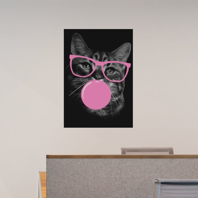 Cool Cat with Pink Glasses & Bubble Gum  Wall Decal (Office)