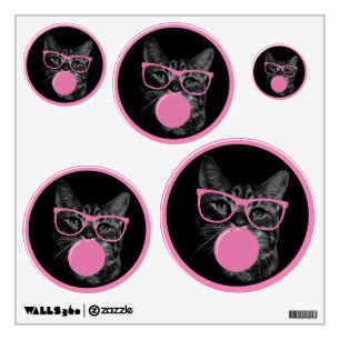 Cool Cat with Pink Glasses & Bubble Gum Wall Decal
