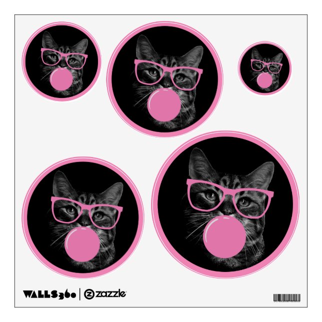 Cool Cat with Pink Glasses & Bubble Gum  Wall Decal (Front)