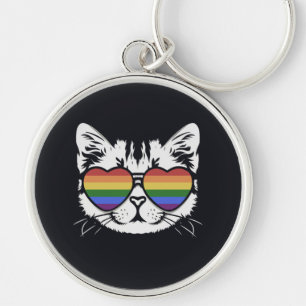 Cool Cat With Pride LGBT Flag Glasses Keychain