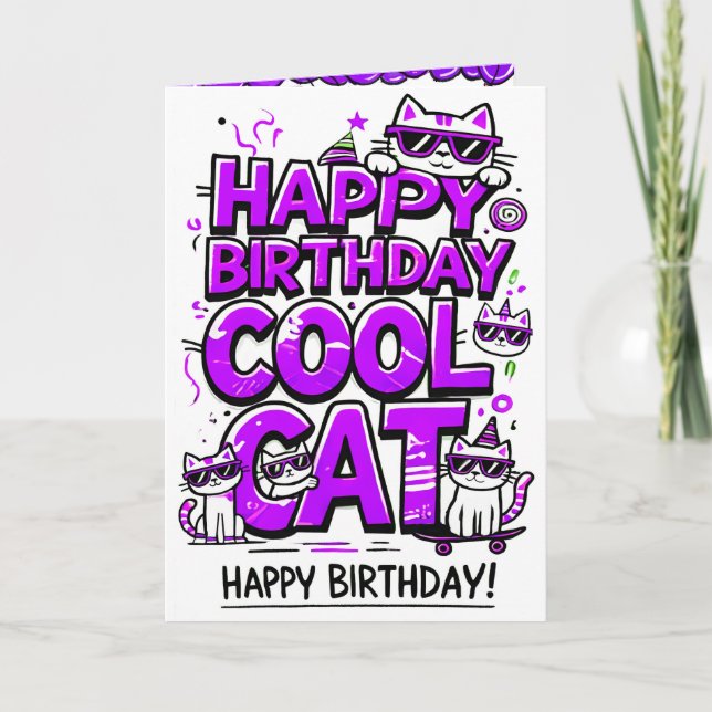 Cool Cat with Purple Shades Birthday card (Front)