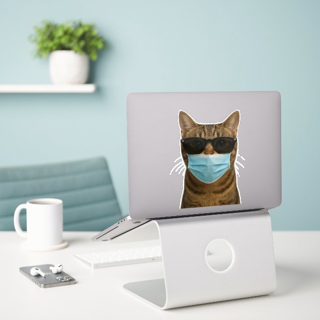 Cool Cat with Shades and Mask Sticker (Laptop On Desk)