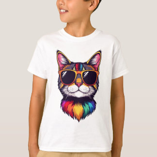 Cool Cat with Sunglasses Hippie Multi Color Kitten T-Shirt