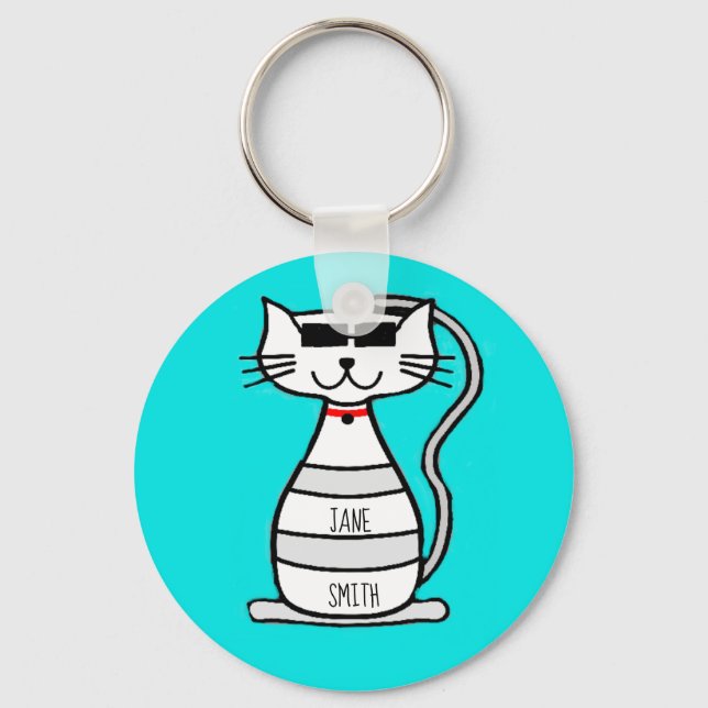 Cool Cat with sunglasses personalized name Keychain (Front)