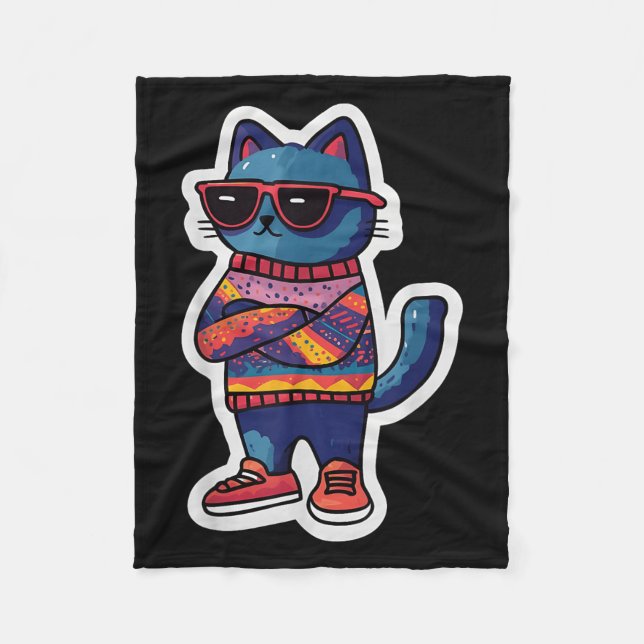 Cool Cat With Sungles Retro Style Funny Animal  Fleece Blanket (Front)