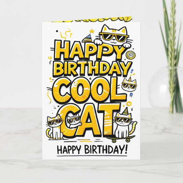 Cool Cat with Yellow Shades Birthday card (Front)