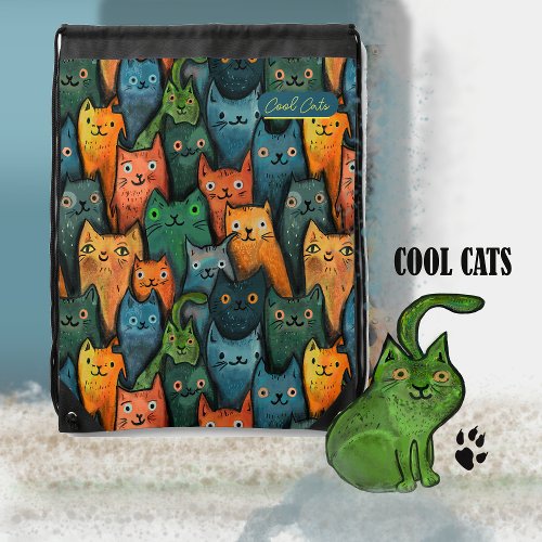 Cool Cats Colorful  Drawstring Bag