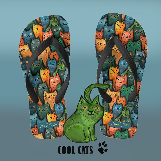 Cool Cats Colorful Watercolor Flip Flops (Creator Uploaded)