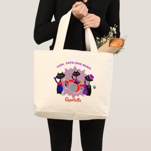 Cool Cats Love Music Funny Personalized Large Tote Bag
