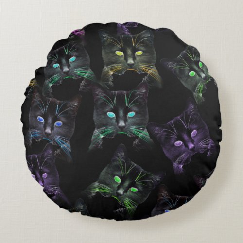 Cool Cats on Black Multi_Colored Funky Cats Round Pillow
