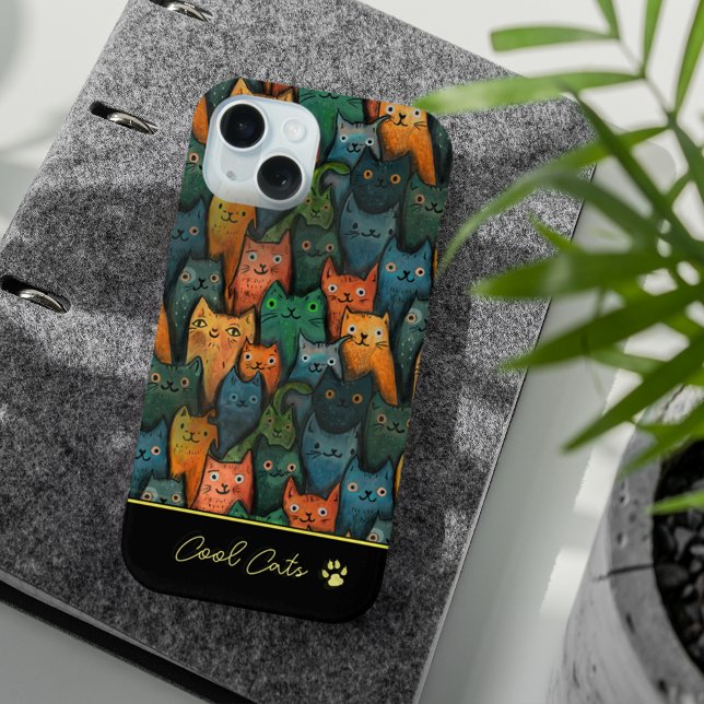 Cool Cats Watercolor Colorful Black iPhone 15 Case (Cool Cats Watercolor Colorful Black iPhone 15 Case)