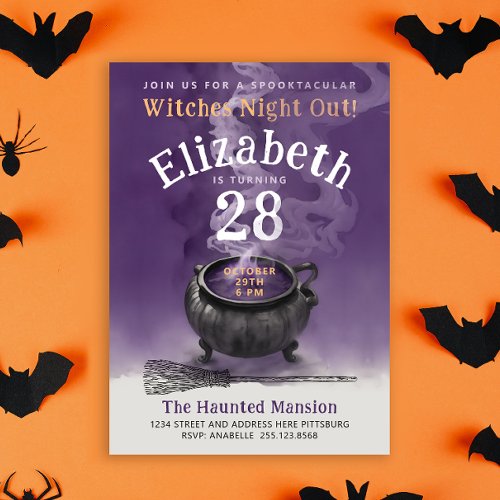 Cool Cauldron Purple Magic Witch Birthday Party Invitation