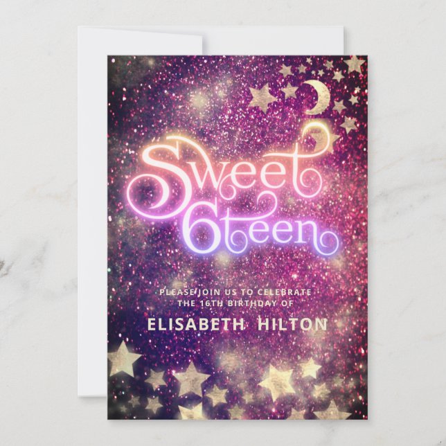 Cool Celestial moon and stars typography sweet 16 Invitation (Front)