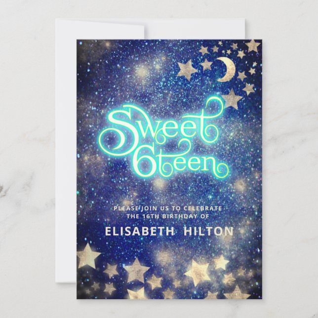 Cool Celestial moon and stars typography sweet 16 Invitation (Front)
