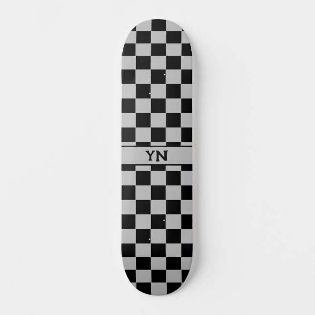 Cool Checkered Black and Grey Name Initials  Skateboard (Front)