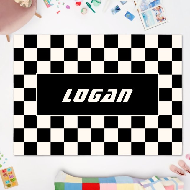 Cool Checkered Flag Black Ivory Racing + Name Kids Outdoor Rug (Creator Uploaded)