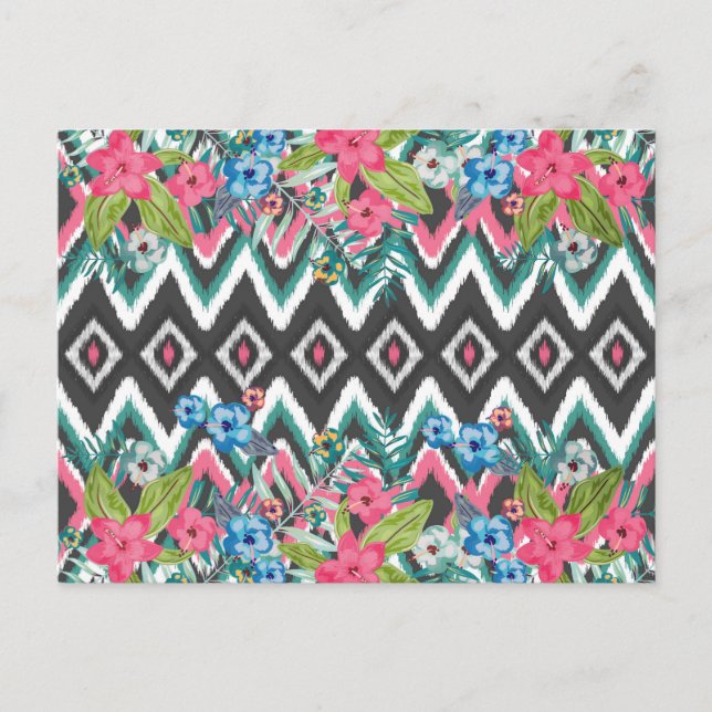 Cool chevron Ikat tribal Aztec tropical floral Postcard (Front)