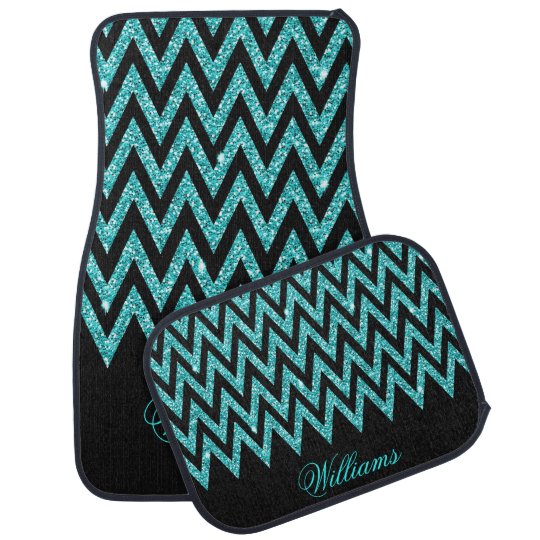 Cool chevron zigzag peacock blue faux glitter car floor mat