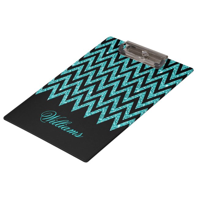 Cool chevron zigzag peacock blue  faux glitter clipboard (Angled)