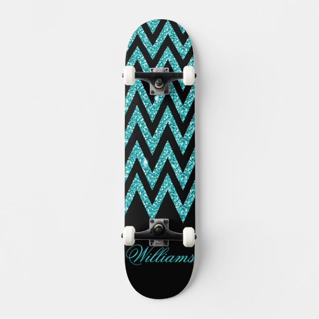 Cool chevron zigzag peacock blue  faux glitter skateboard deck (Front)