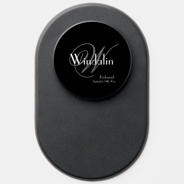 Cool Chic Bridesmaid Grey Monogram White Name Blak PopSocket (Popsocket)