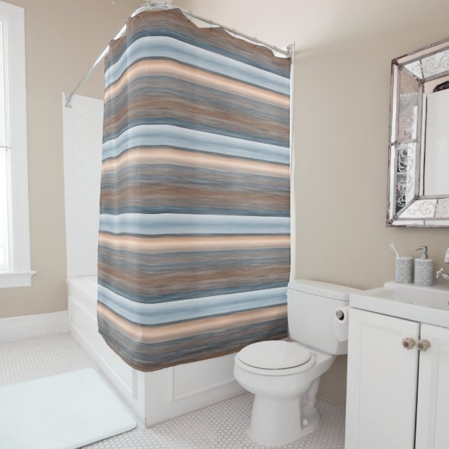 Cool Chic Brown Slate Blue Gray Stripes Art Shower Curtain (In Situ)