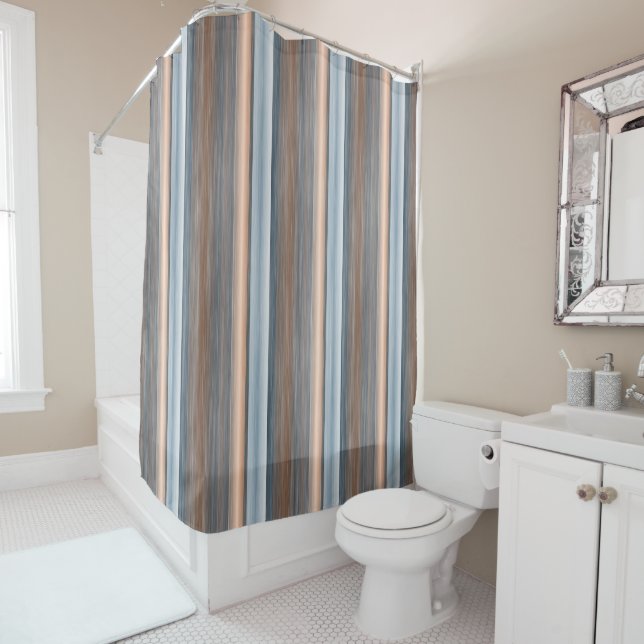 Cool Chic Brown Slate Blue Gray Stripes Art Shower Curtain (In Situ)