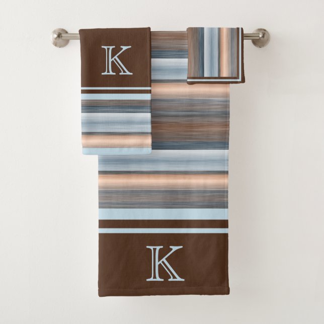 Cool Chic Brown Slate Blue Gray Stripes Bath Towel Set (Insitu)