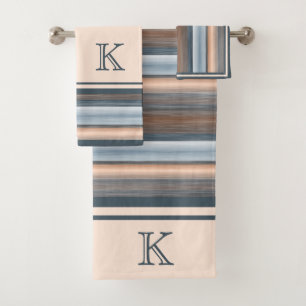 Cool Chic Brown Slate Blue Gray Stripes Bath Towel Set