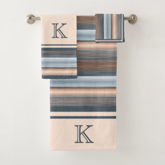 Cool Chic Brown Slate Blue Gray Stripes Bath Towel Set