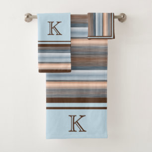 Cool Chic Brown Slate Blue Gray Stripes Bath Towel Set