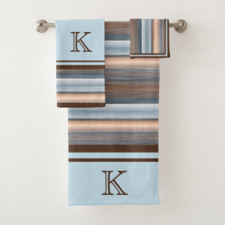 Cool Chic Brown Slate Blue Gray Stripes Bath Towel Set