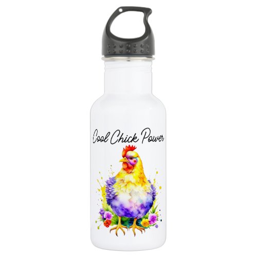 Cool Chick Power  Cute Watercolor Chicken Art Stainless Steel Water Bottle