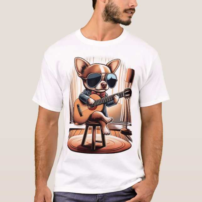 Cool Chihuahua Playing Guitar T-Shirt (Front)