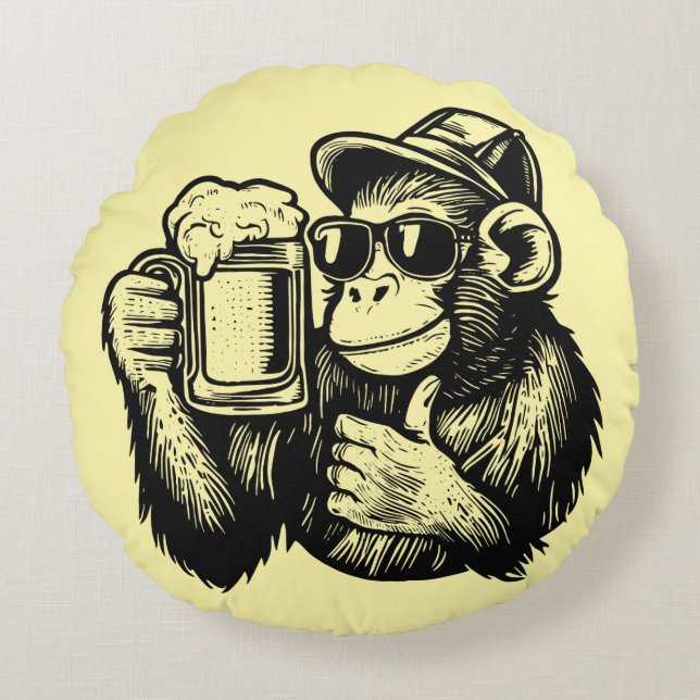 Cool Chimpanzee Beer Round Pillow (Front)