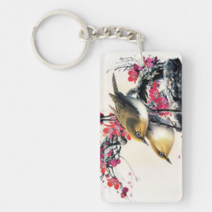 Cool chinese beautiful brown bird red cherry tree keychain
