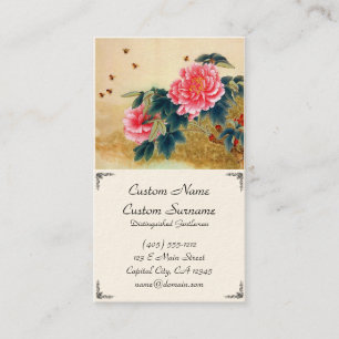 Cool chinese classic watercolor pink flower bee business card