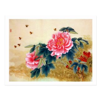 Cool chinese classic watercolor pink flower bee postcard