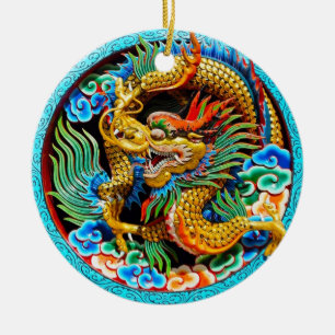 Cool chinese colourful dragon lotus flower art ceramic ornament