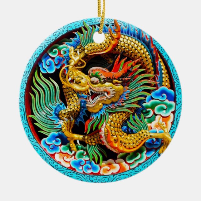 Cool chinese colourful dragon lotus flower art ceramic ornament (Front)