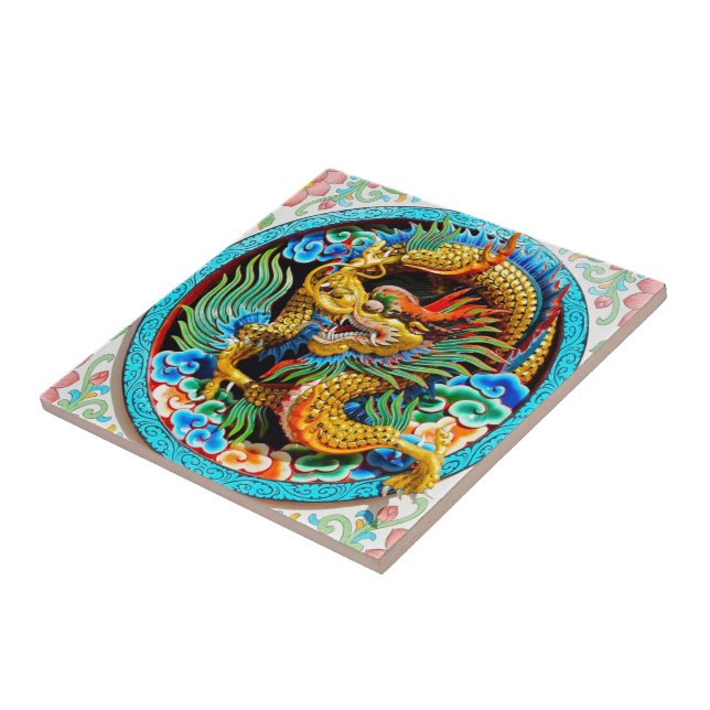 Cool chinese colourful dragon lotus flower art ceramic tile (Side)
