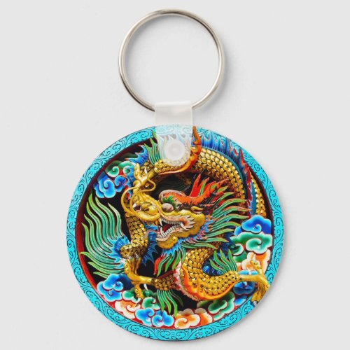 Cool chinese colourful dragon lotus flower art keychain
