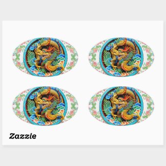Cool chinese colourful dragon lotus flower art oval sticker