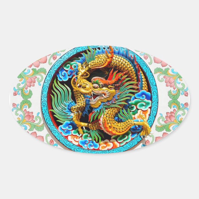 Cool chinese colourful dragon lotus flower art oval sticker (Front)