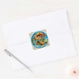 Cool chinese colourful dragon lotus flower art square sticker