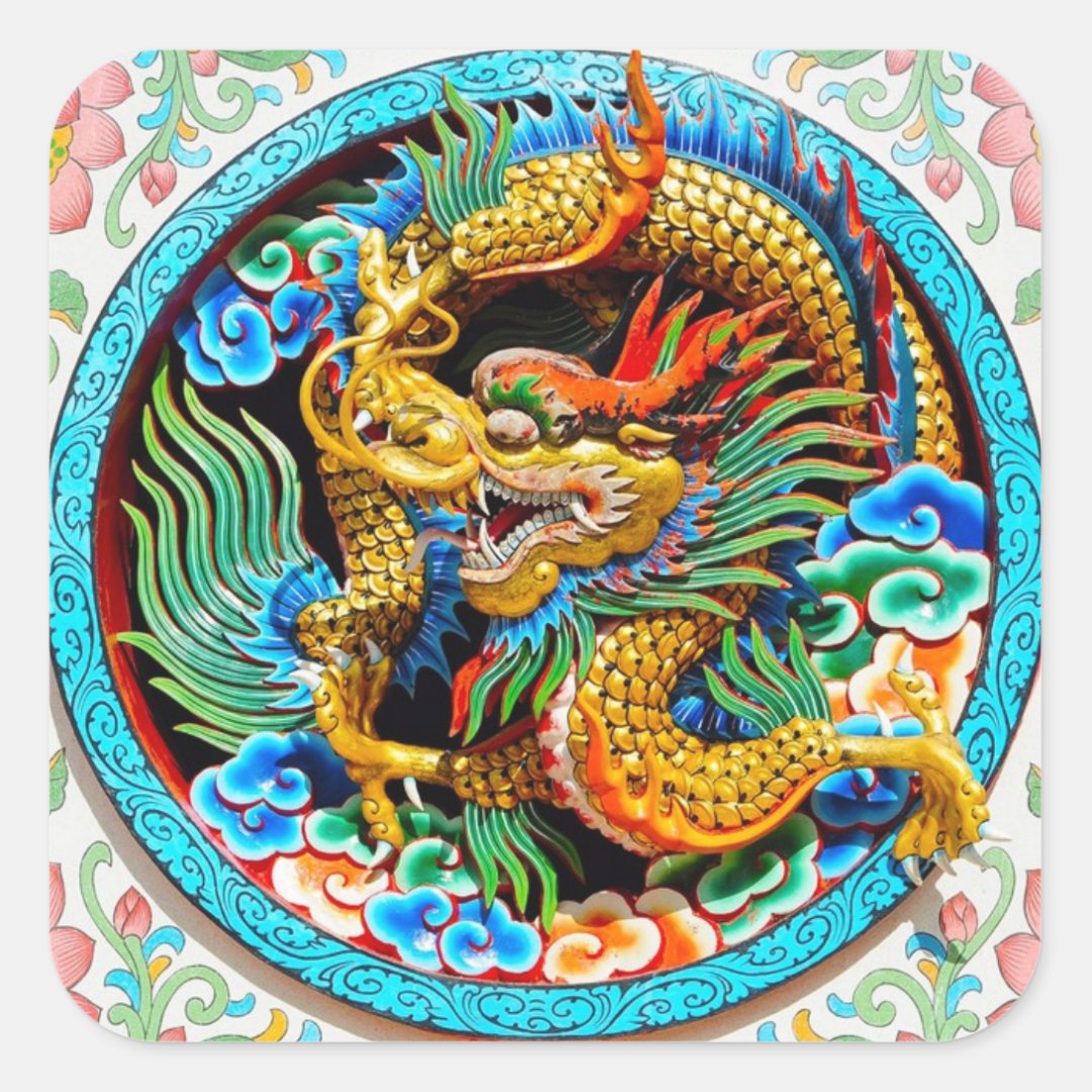 Cool chinese colourful dragon lotus flower art square sticker | Zazzle