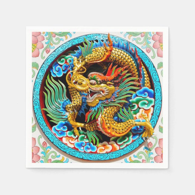 Cool chinese colourful dragon paint lotus flower napkins (Front)